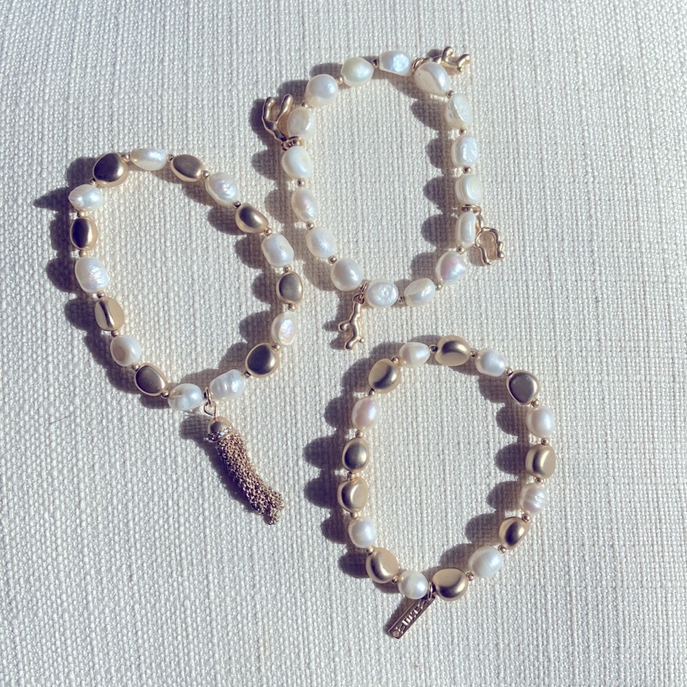 WHITE HOUSE BLACK MARKET Set of 3 Gold and Pearl with Charms Stretch Bracelets - Picture 3 of 6